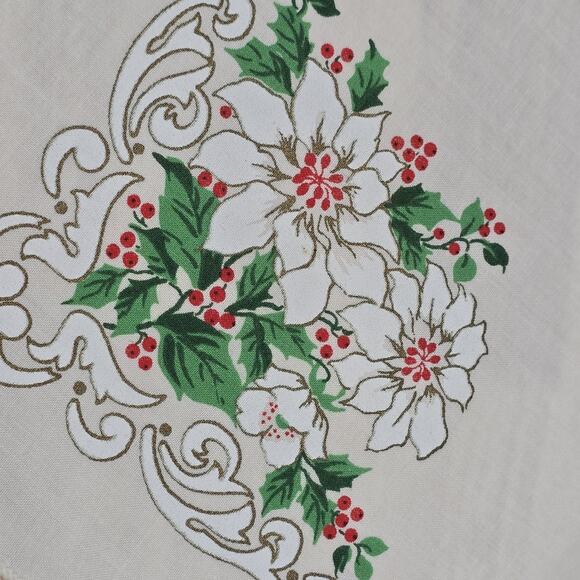 2 - Fabric Table Napkins Christmas Holly Berries Leaves White Poinsettia Flowers - Picture 11 of 15